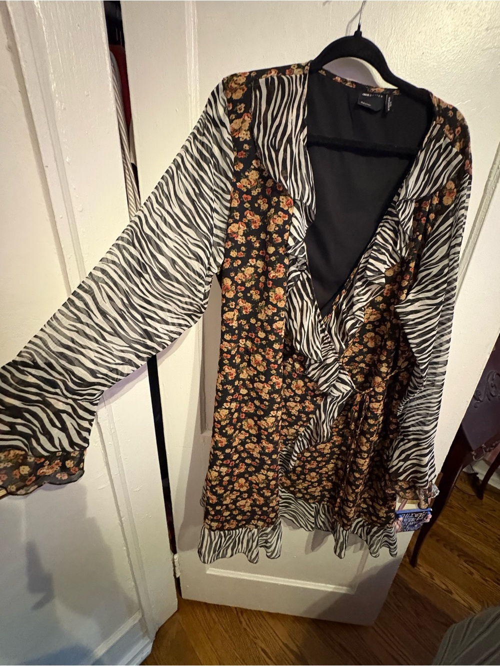 ASOS Curve Black Floral and Zebra Print Long Sleeve Wrap Dress